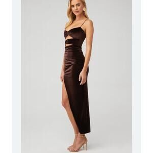 nookie brown dress Darana Corset Satin Maxi Dress